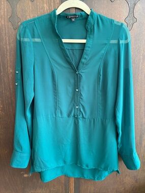 Express Women's Teal Button-Front V-Neck Blouse Sz S